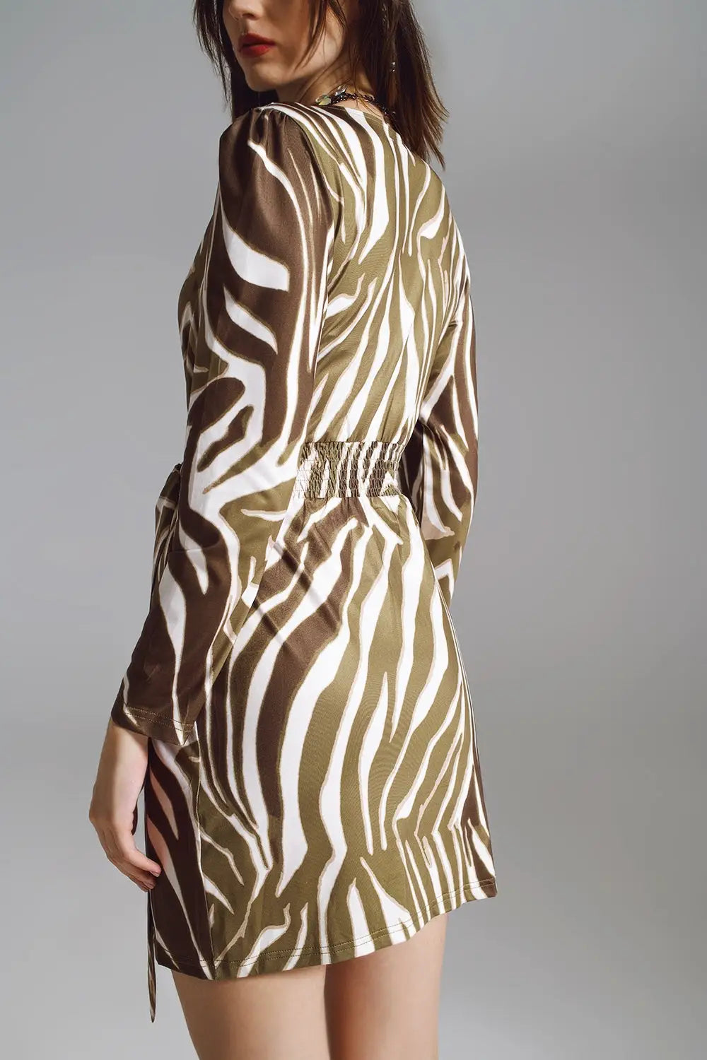 Wrapped Long Sleeve dress With Belt in Cream and Olive Green Zebra Print - Dresses
