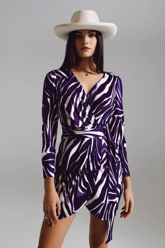 Wrapped Long Sleeve dress With Belt in Cream and Purple Zebra Print - Dresses