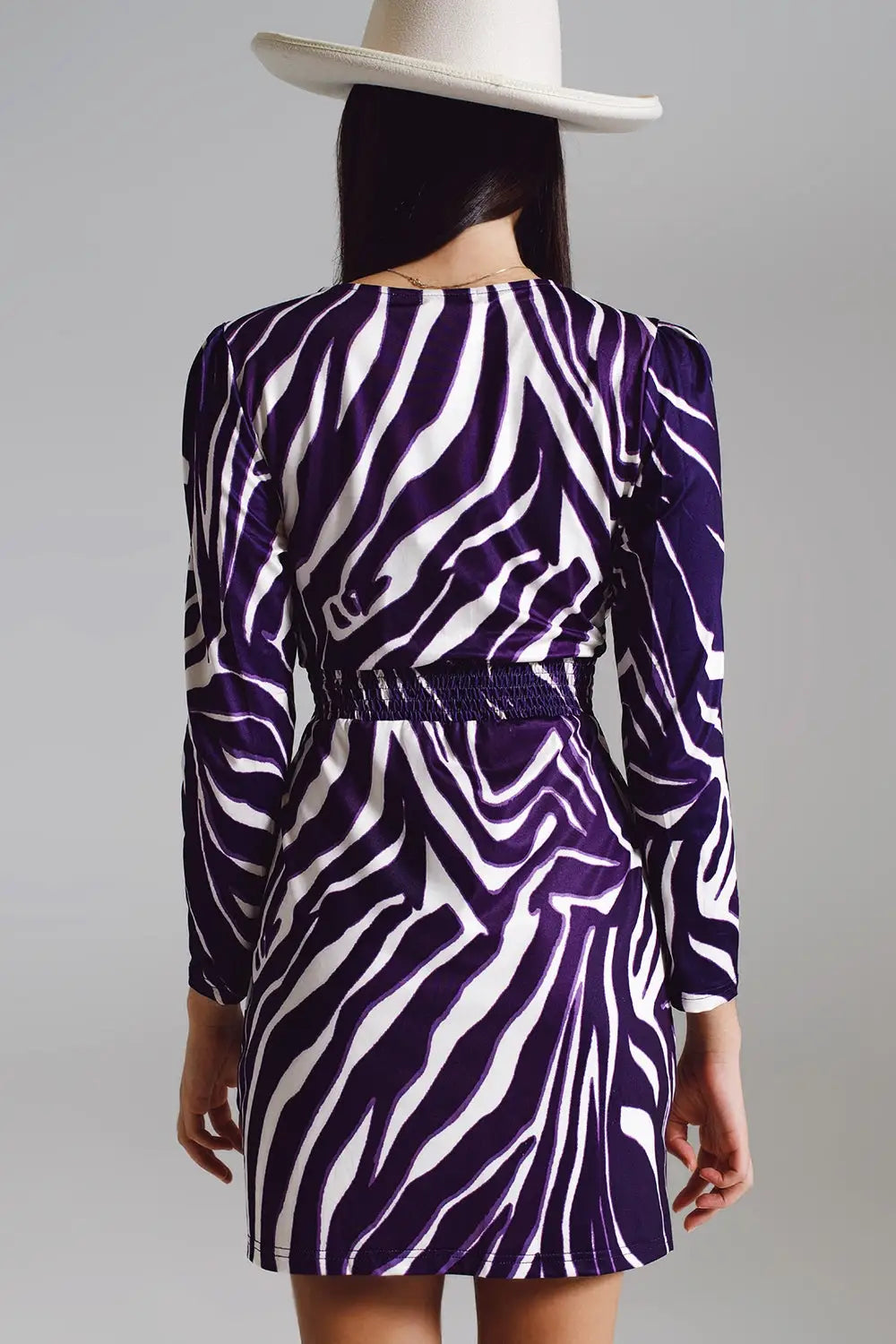 Wrapped Long Sleeve dress With Belt in Cream and Purple Zebra Print - Dresses
