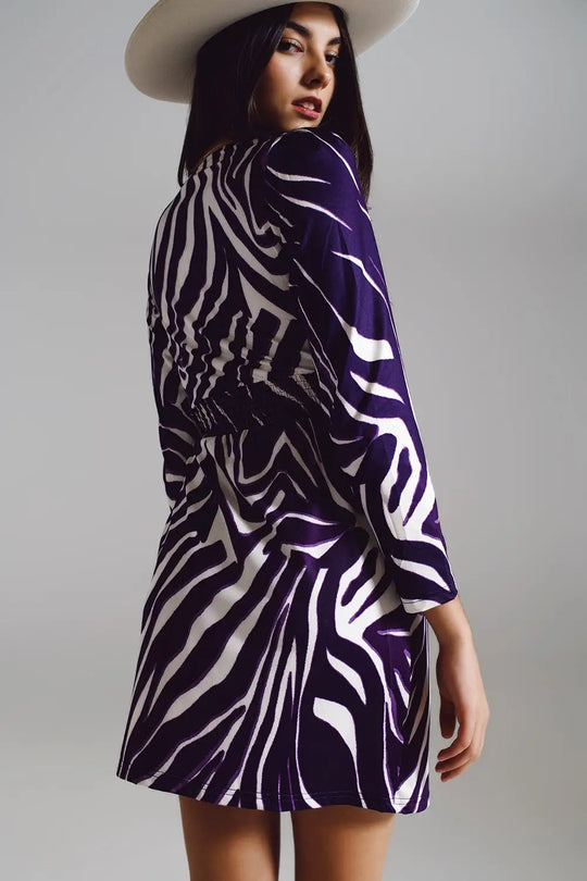 Wrapped Long Sleeve dress With Belt in Cream and Purple Zebra Print - Dresses