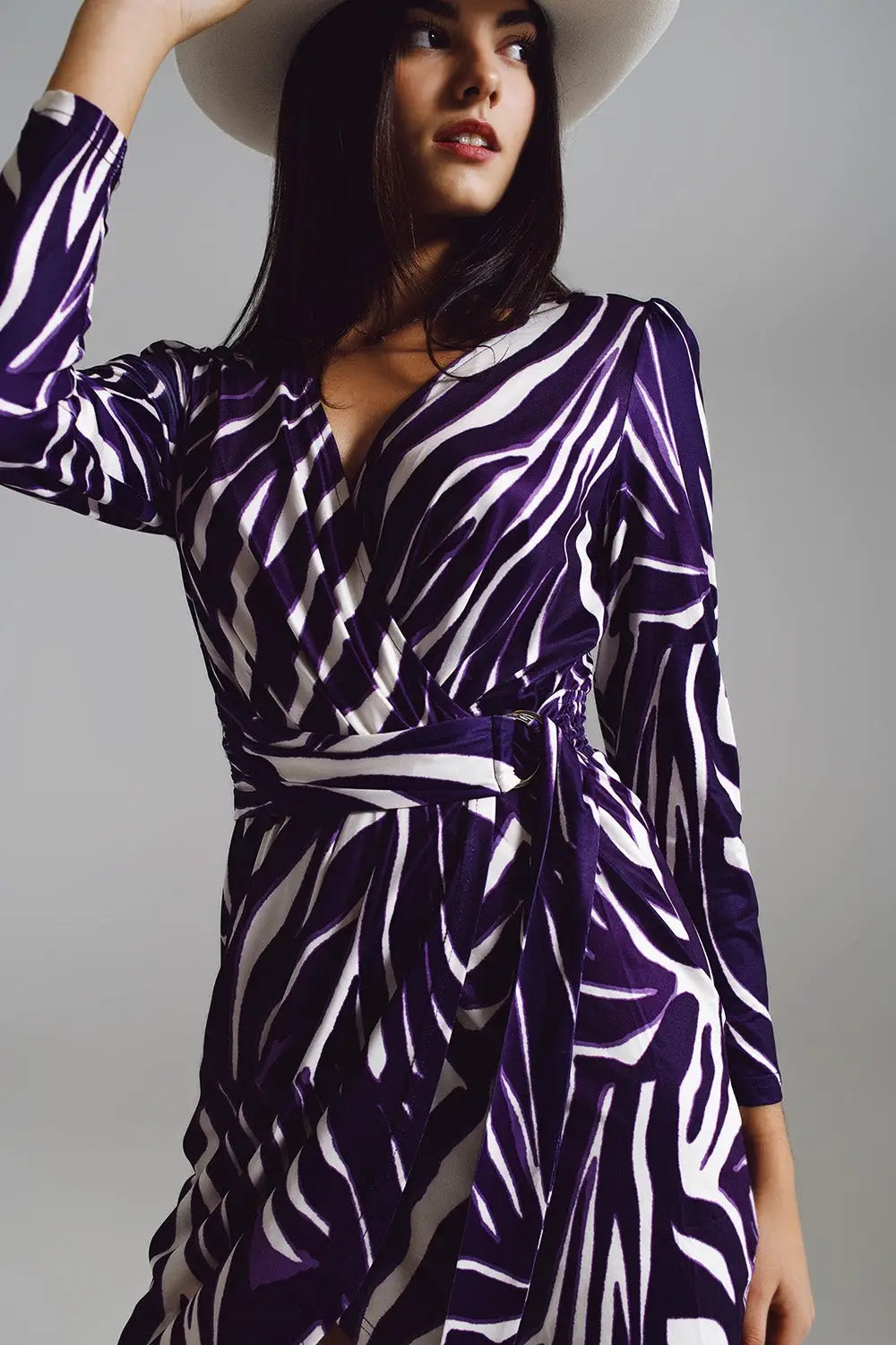Wrapped Long Sleeve dress With Belt in Cream and Purple Zebra Print - Dresses