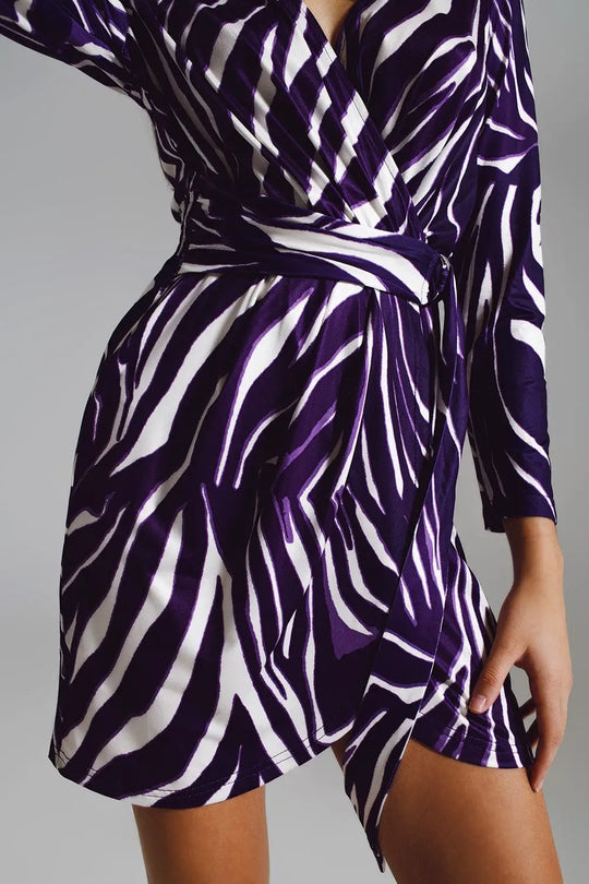 Wrapped Long Sleeve dress With Belt in Cream and Purple Zebra Print - Dresses