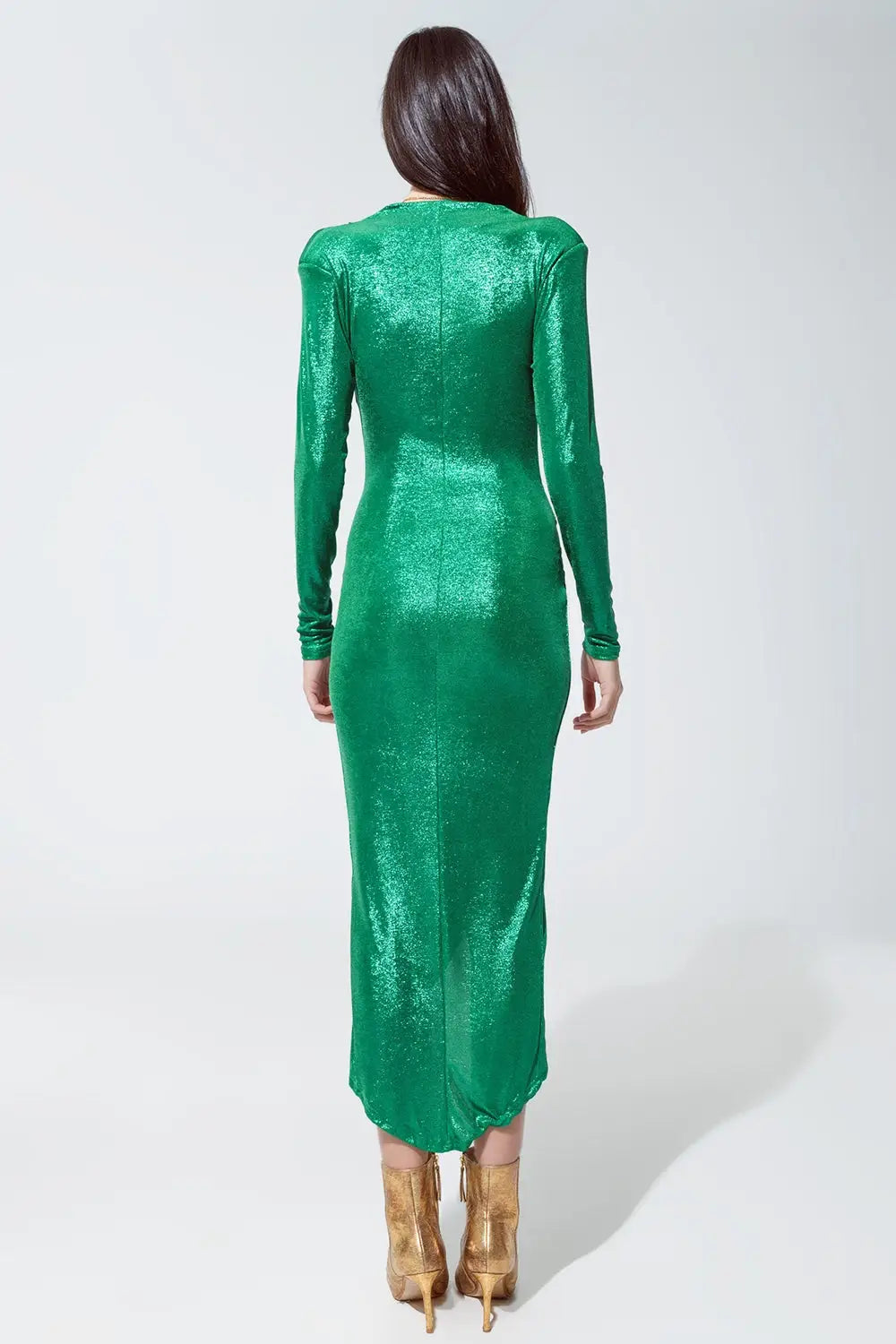 Wrapped Party Dress With Plunge Neckline in Metallic Green - Dresses