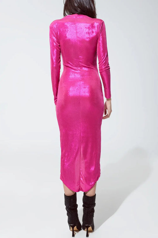 Wrapped Party Dress With Plunge Neckline in Metallic Pink - Dresses
