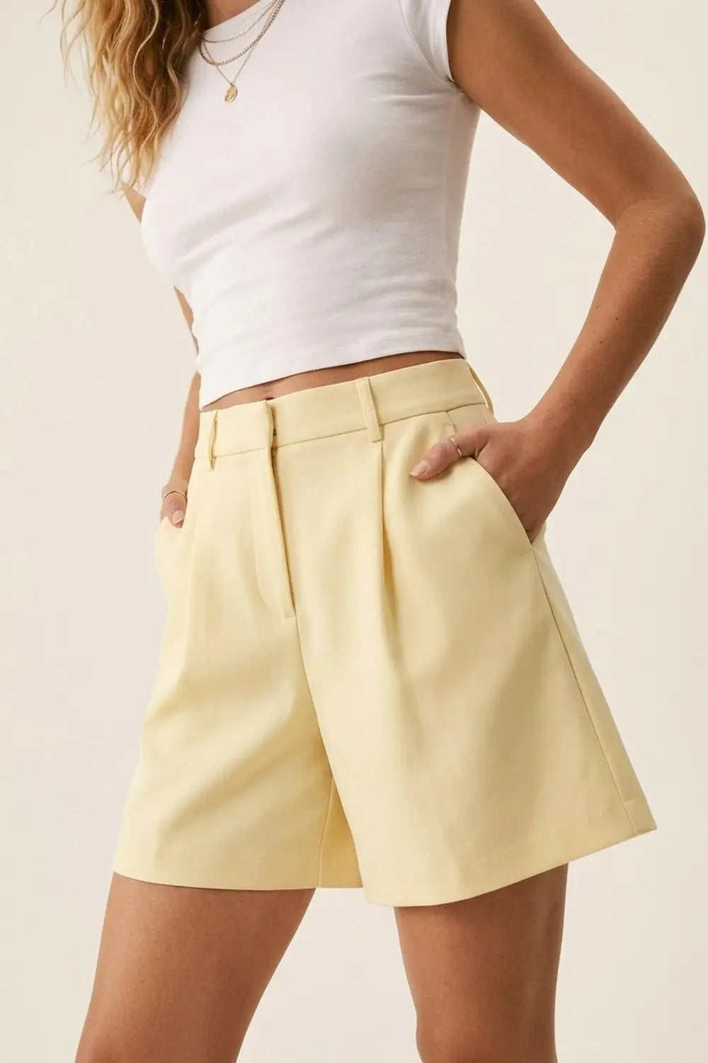 Yellow A-Line Pleated Shorts with Belt Loops - Pants