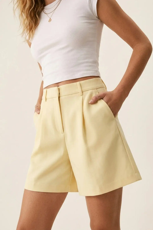 Yellow A-Line Pleated Shorts with Belt Loops - Pants