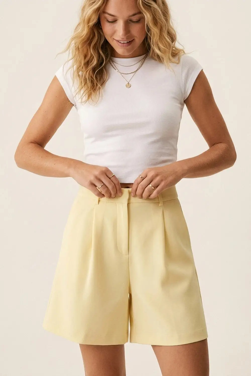 Yellow A-Line Pleated Shorts with Belt Loops - Pants