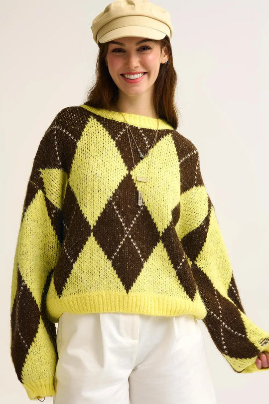 Yellow and Brown diamond Knit Sweater With Voluminous Sleeves - One Size / Yellow - Sweaters