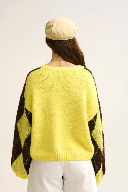 Yellow and Brown diamond Knit Sweater With Voluminous Sleeves - One Size / Yellow - Sweaters