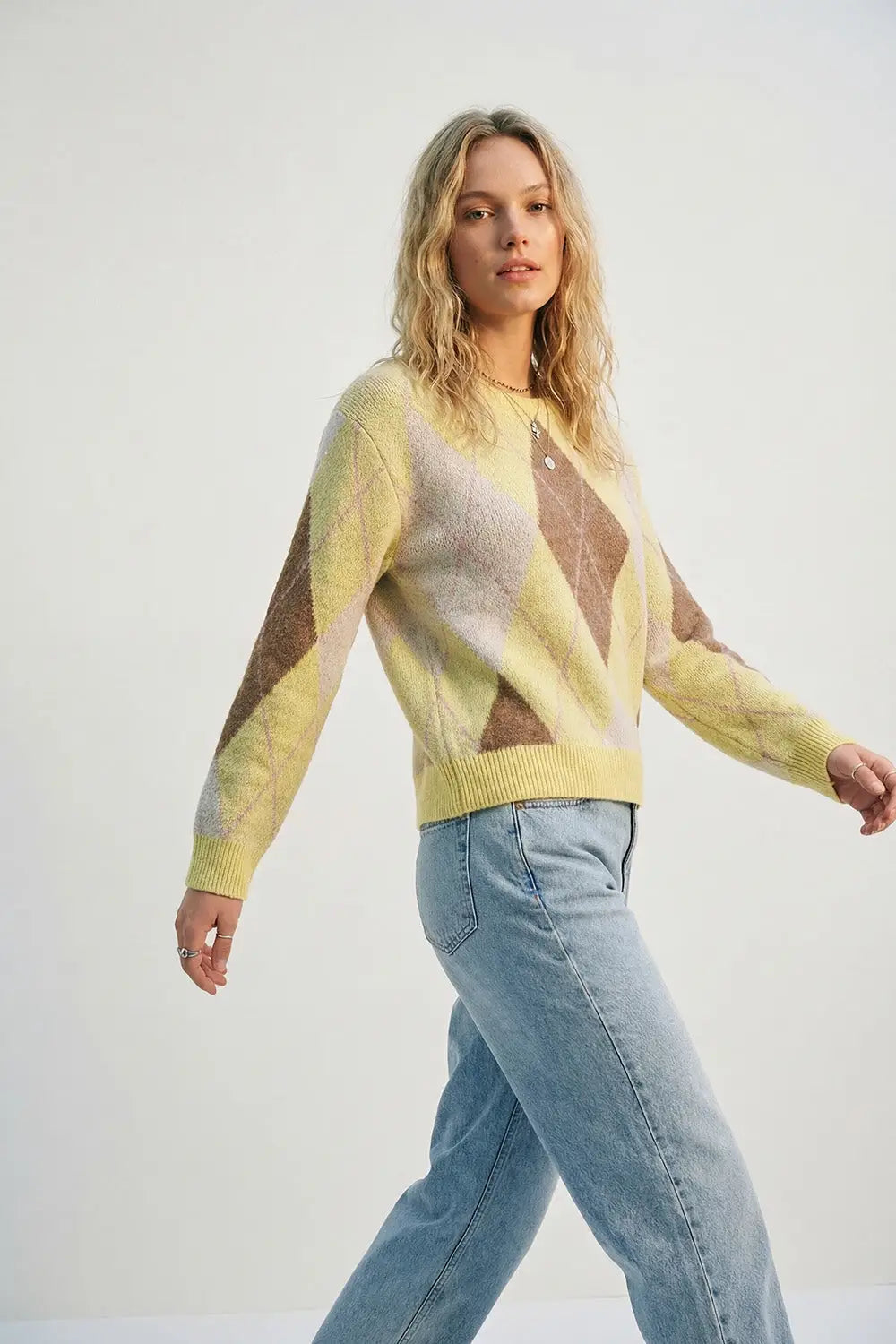 Q2 yellow and camel Argyle Sweater in Soft Fluffy Knit