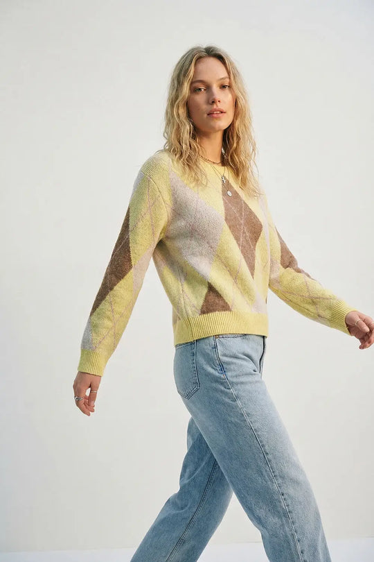 yellow and camel Argyle Sweater in Soft Fluffy Knit - One Size / Yellow - Sweaters