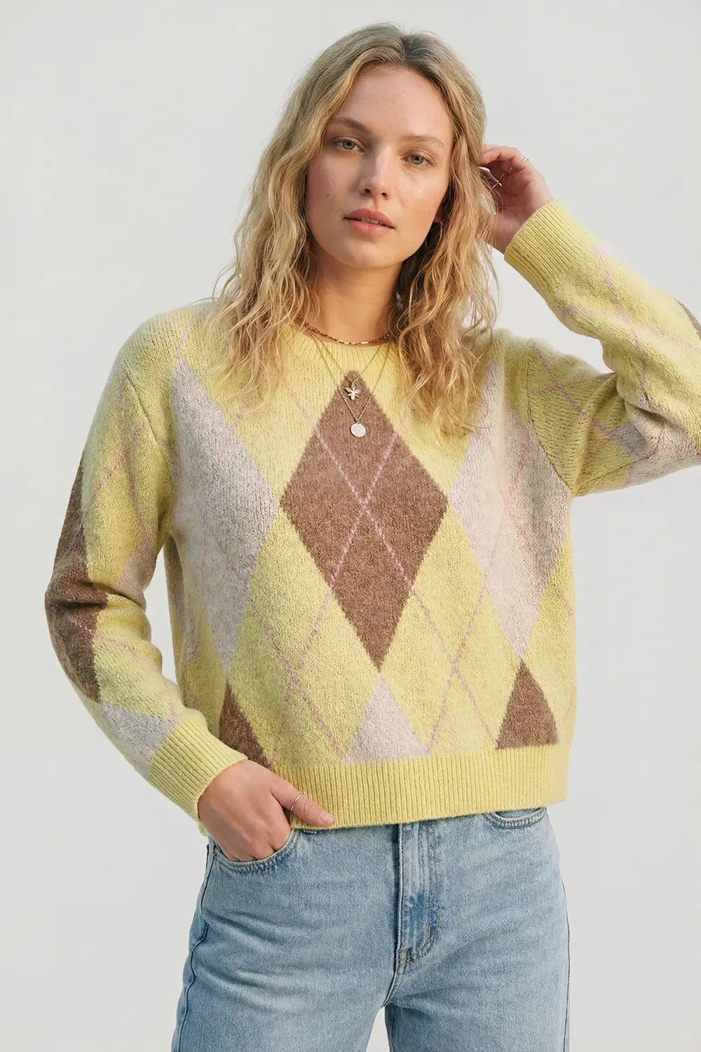 yellow and camel Argyle Sweater in Soft Fluffy Knit - One Size / Yellow - Sweaters