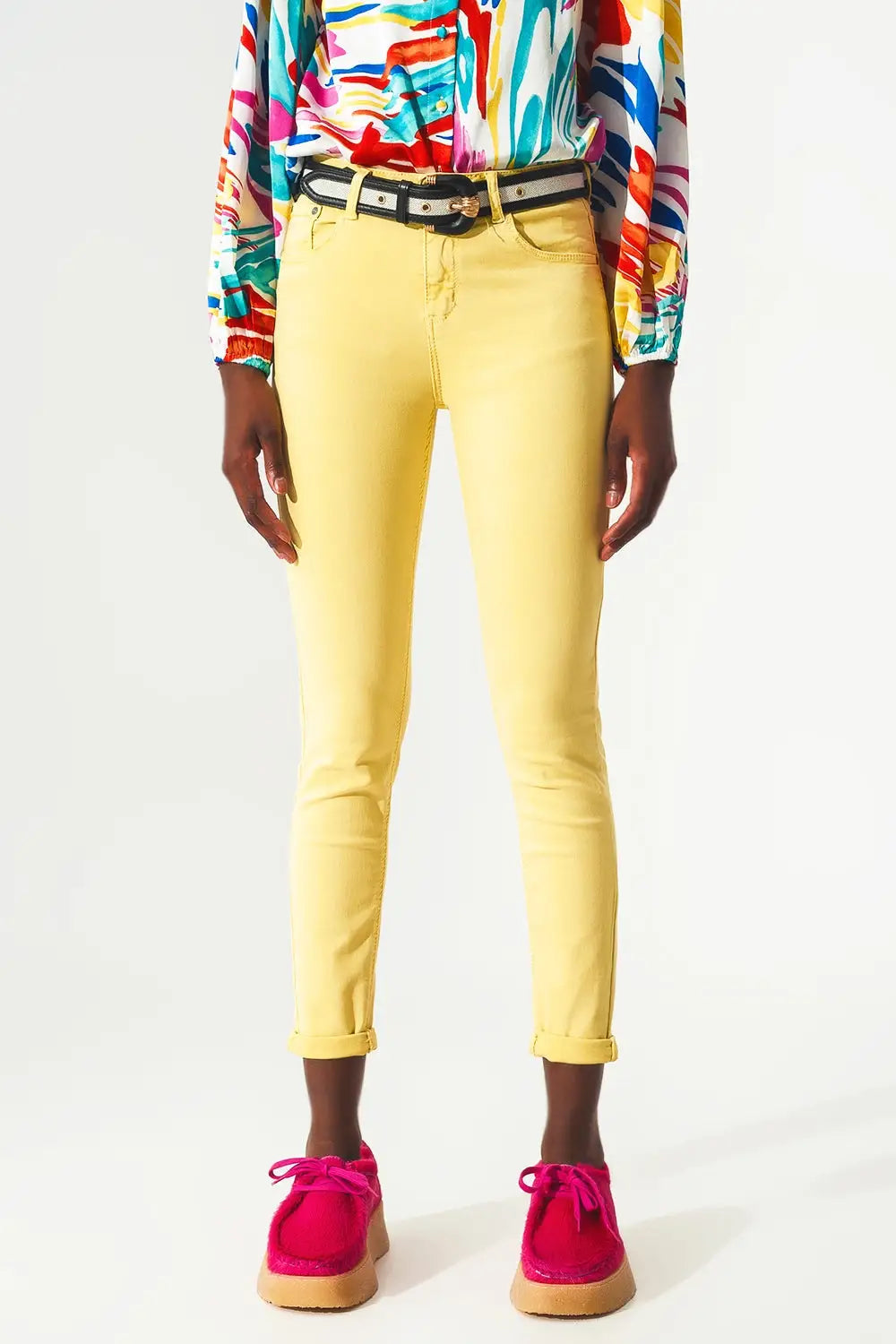 Yellow ankle jeans with soft wrinkles - Jeans