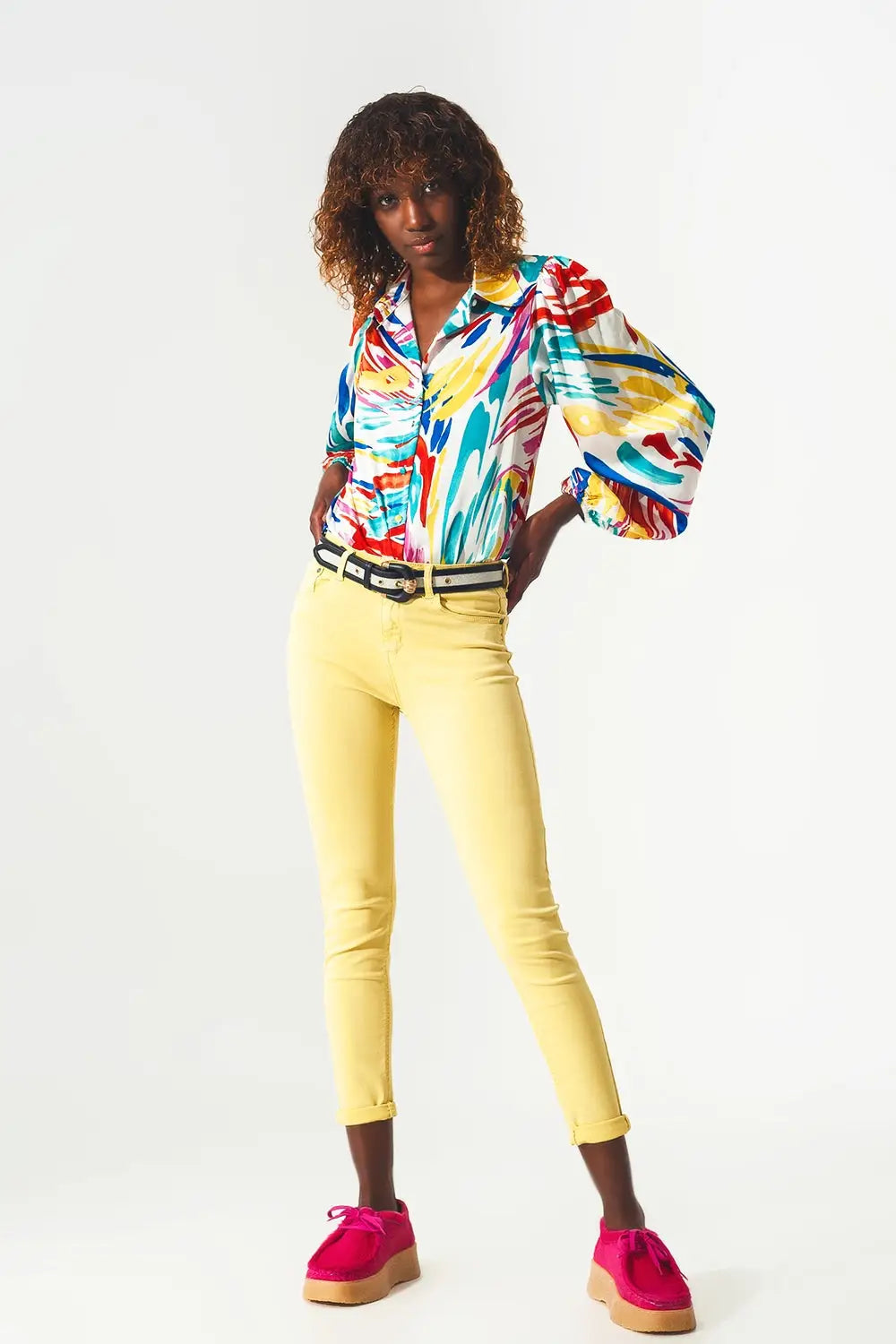 Yellow ankle jeans with soft wrinkles - Jeans