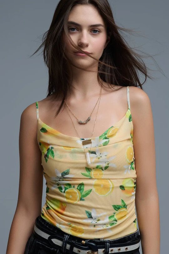 Yellow body top with lemon print in mesh fabric - Tops