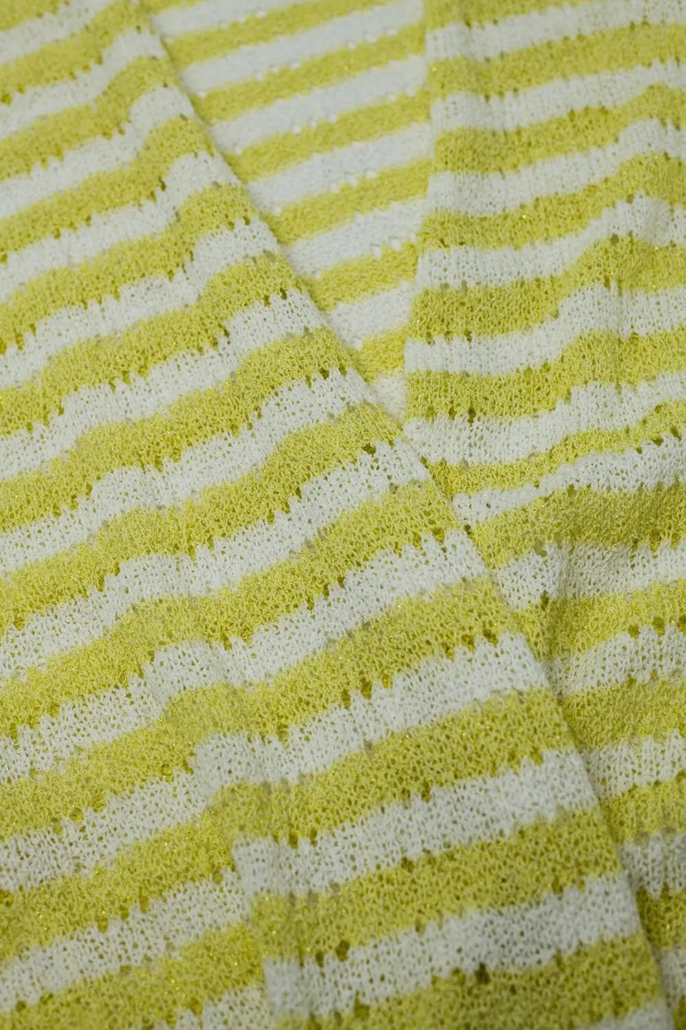 Yellow Boho Style Cardigan With Stripes Pointelle Knit and Fringe Details - One Size / Yellow - Sweaters