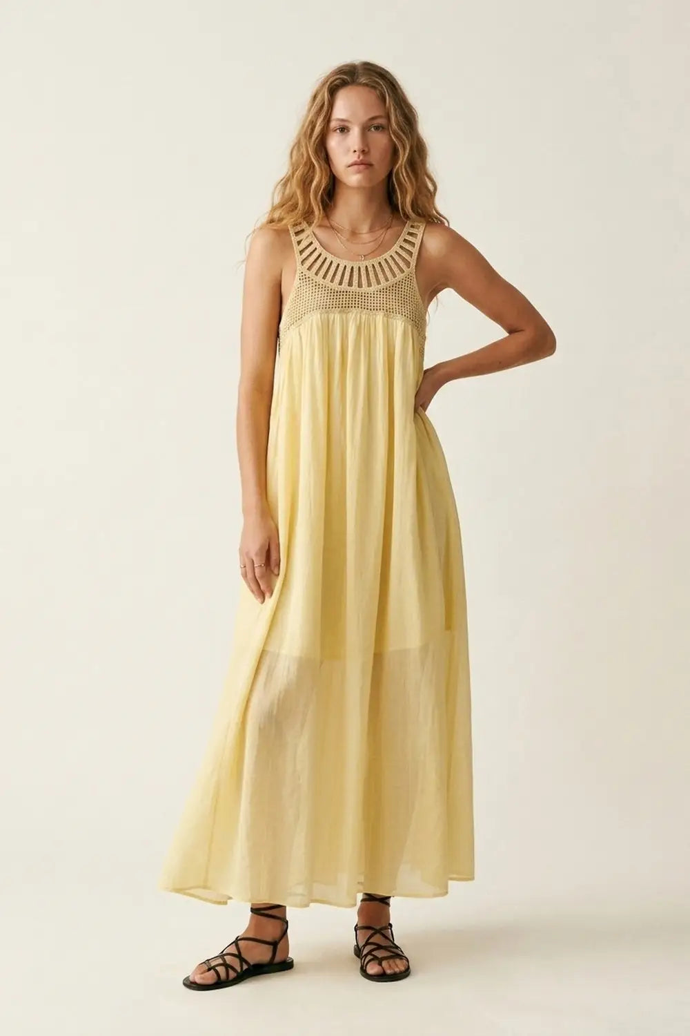 Yellow Crochet Yoke Maxi Dress with Flowing Skirt