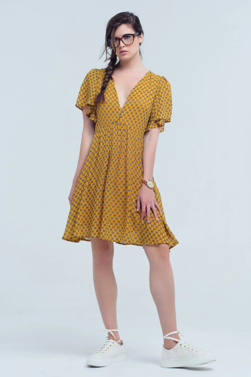 Yellow dress with flight and geometric pattern - Dresses