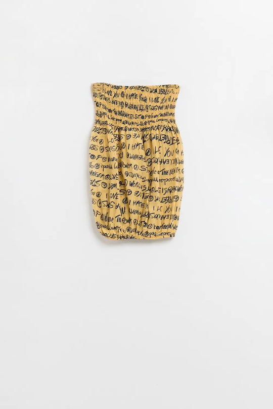 Q2 Yellow Elastic Strapless Top With Black Lettering