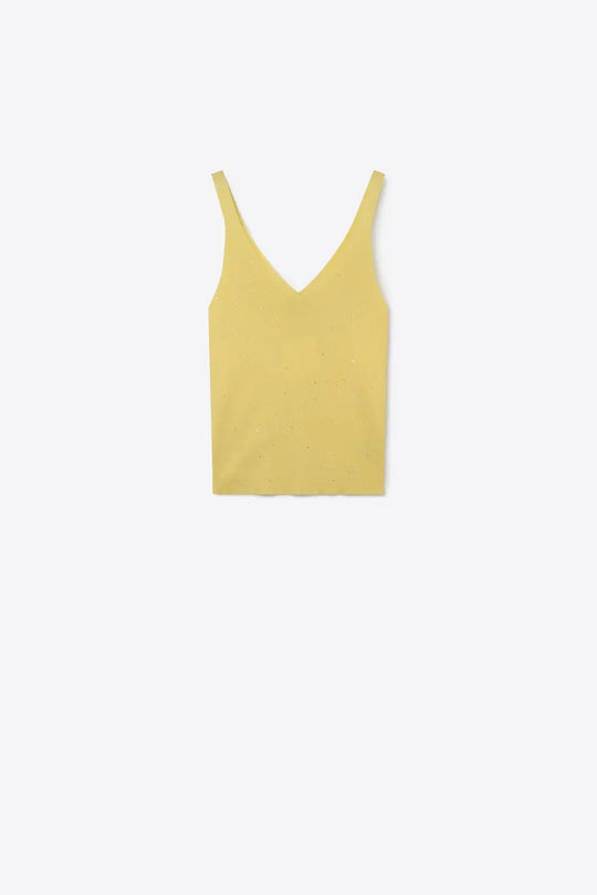 Q2 Yellow Fine Knit Glitter Detail V-Neck Sleeveless Top