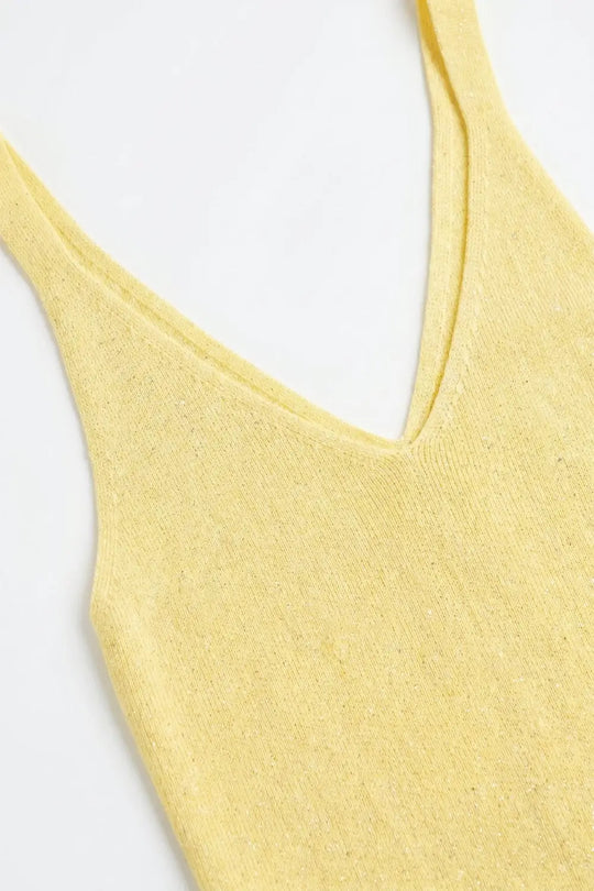 Yellow Fine Knit Glitter Detail V-Neck Sleeveless Top - One Size / Yellow