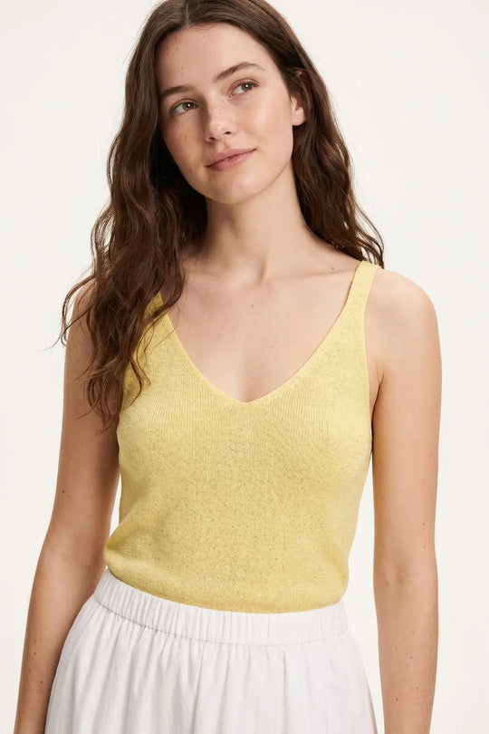 Yellow Fine Knit Glitter Detail V-Neck Sleeveless Top - One Size / Yellow
