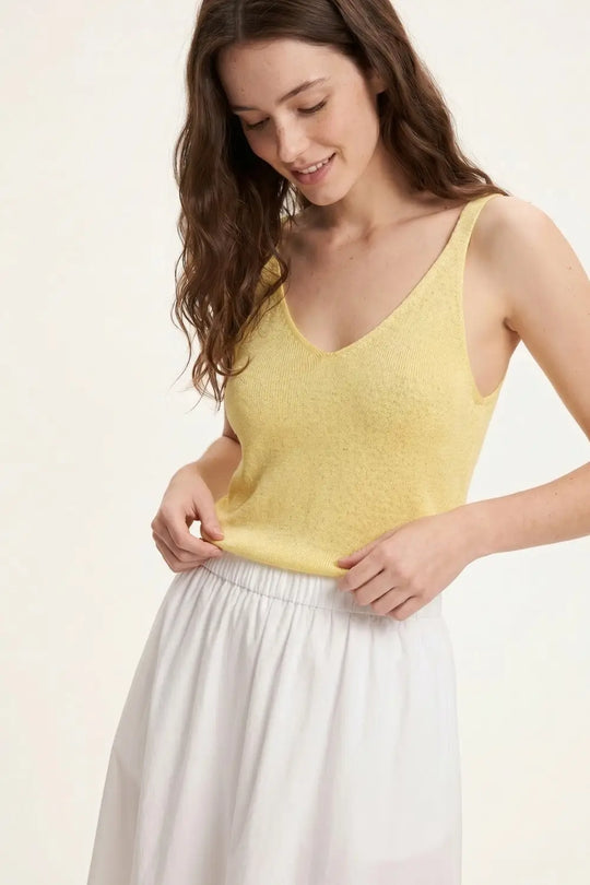 Yellow Fine Knit Glitter Detail V-Neck Sleeveless Top - One Size / Yellow