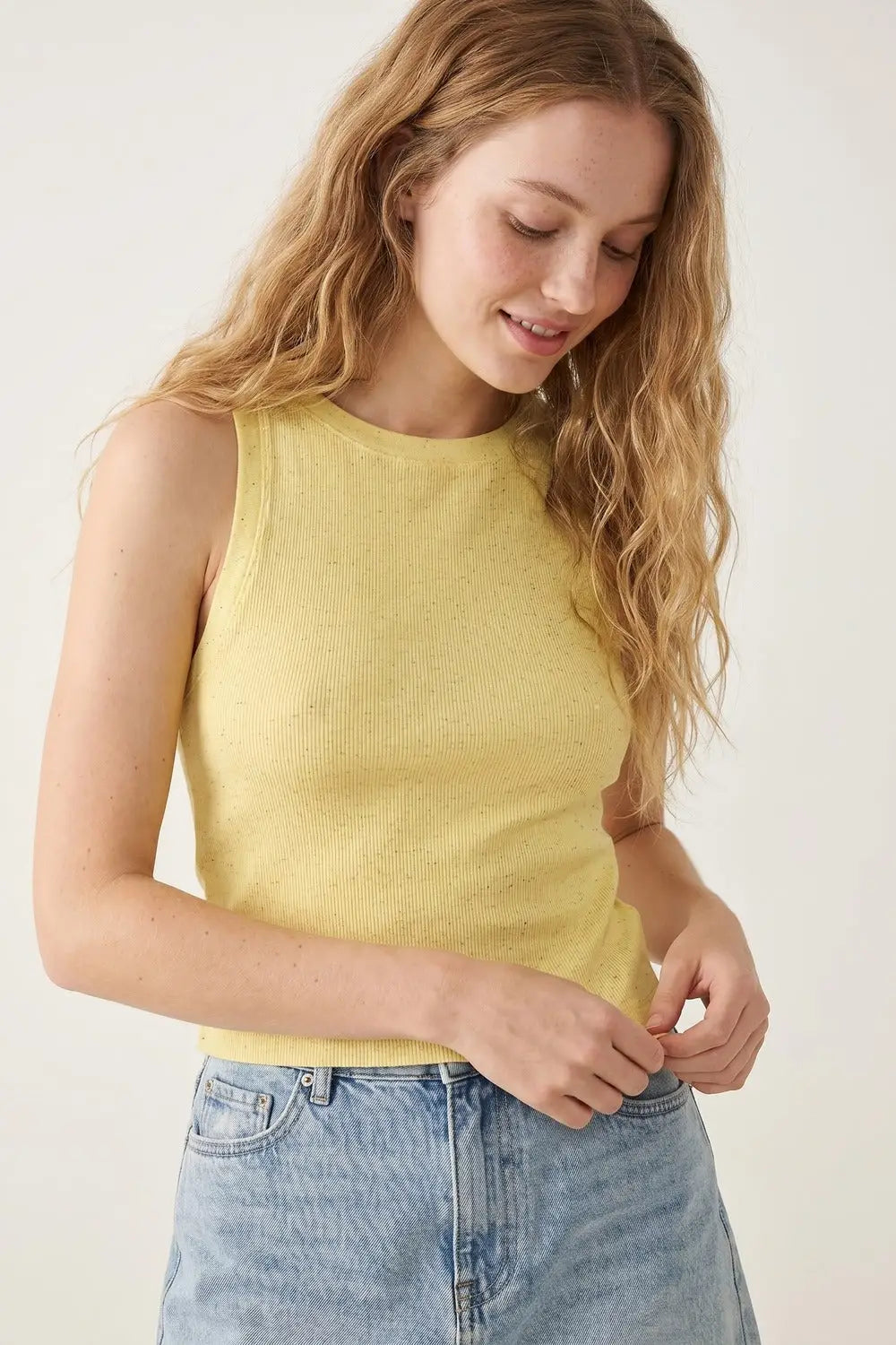 Yellow fine Knit Speckled Sleeveless Top - One Size / Yellow