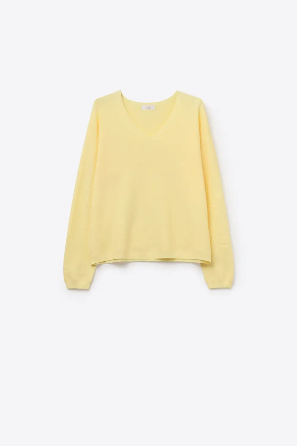 Q2 Yellow Fine Knit V-Neck Sweater with Subtle Linear Texture