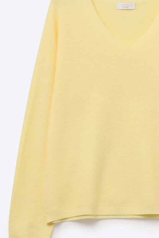 Yellow Fine Knit V-Neck Sweater with Subtle Linear Texture - One Size / Yellow