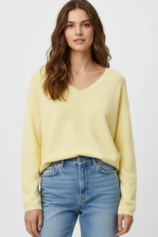 Yellow Fine Knit V-Neck Sweater with Subtle Linear Texture - One Size / Yellow