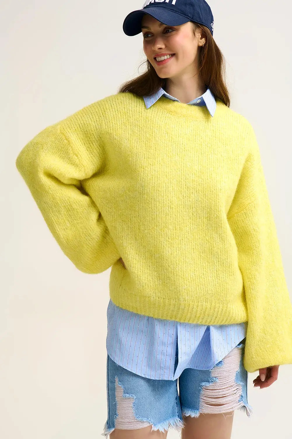 Q2 yellow Fluffy Knit Sweater with Wide Sleeves