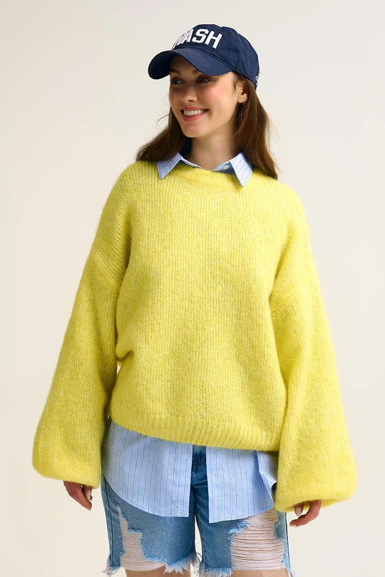yellow Fluffy Knit Sweater with Wide Sleeves - One Size / Yellow - Sweaters