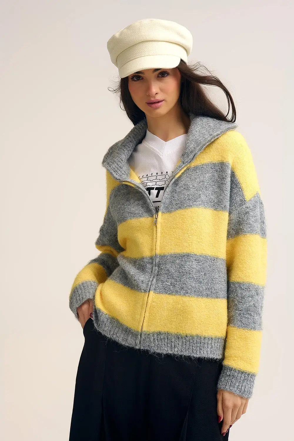 Q2 Yellow Fluffy Knitted Zip-Up Jacket with Gray Stripes
