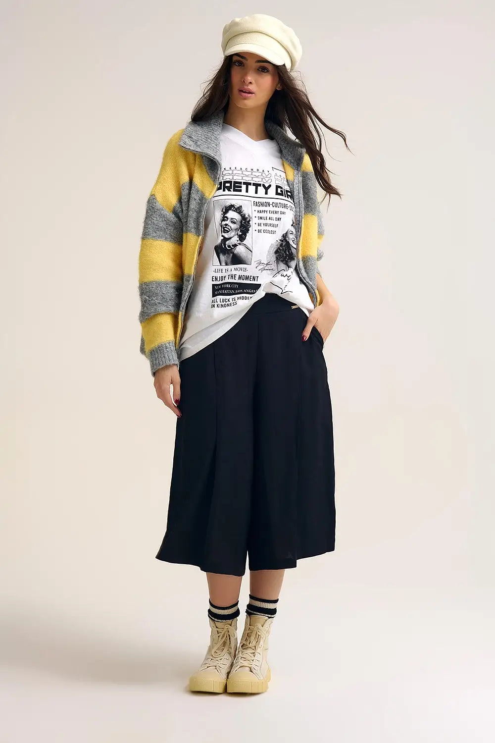 Yellow Fluffy Knitted Zip-Up Jacket with Gray Stripes - One Size / Yellow - Sweaters