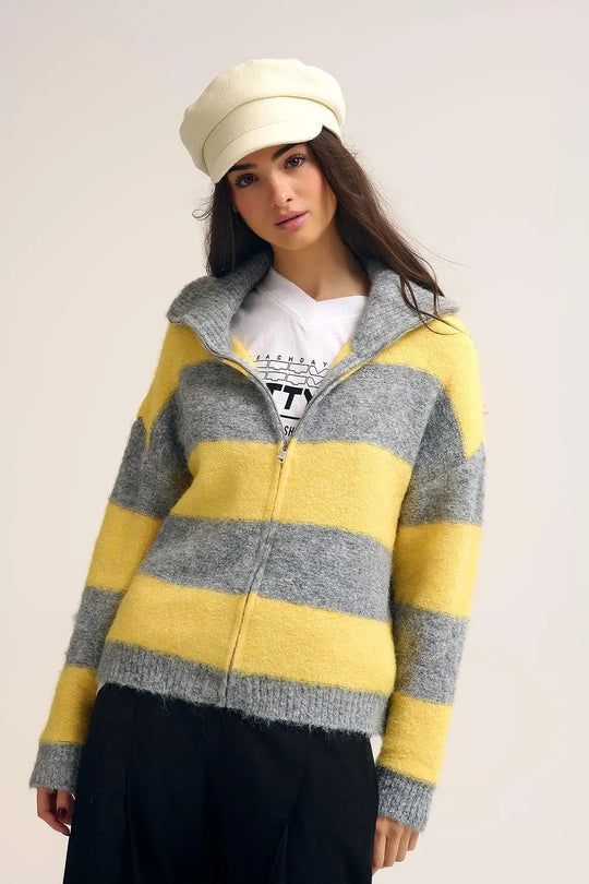 Yellow Fluffy Knitted Zip-Up Jacket with Gray Stripes - One Size / Yellow - Sweaters