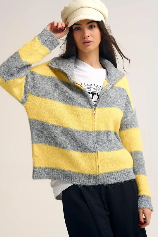 Yellow Fluffy Knitted Zip-Up Jacket with Gray Stripes - One Size / Yellow - Sweaters