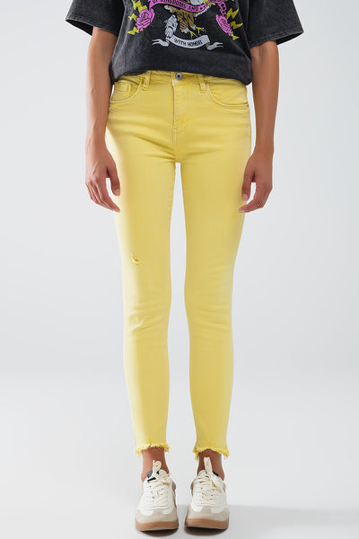 Q2 Yellow jagged hem super skinny Stretch Jeans