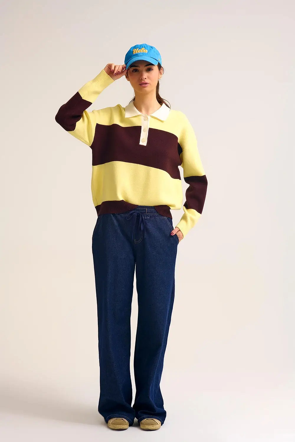 Yellow Knit Polo Sweater with Brown Stripes - One Size / Yellow - Sweaters