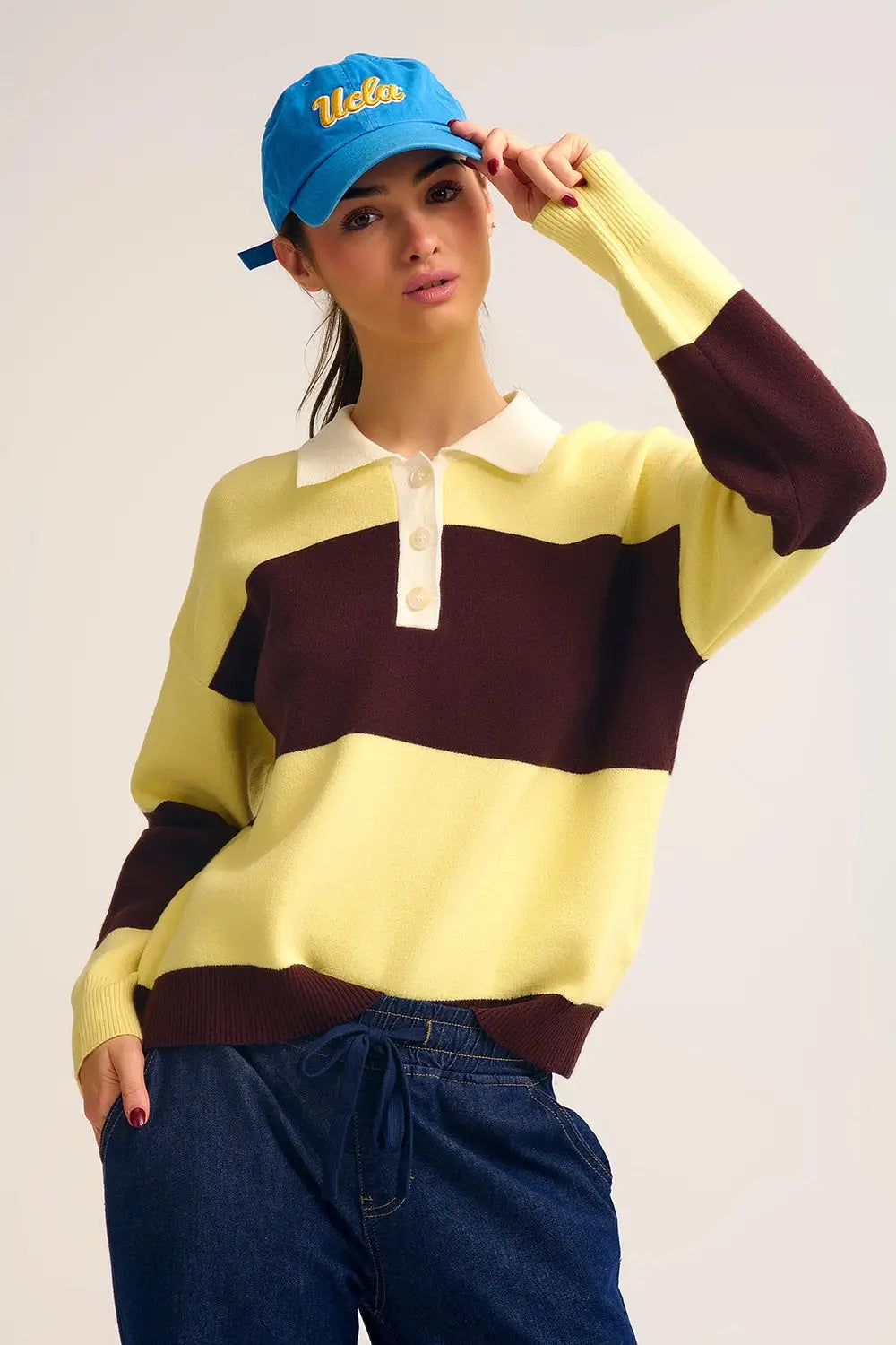 Yellow Knit Polo Sweater with Brown Stripes - One Size / Yellow - Sweaters