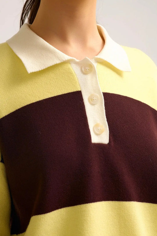 Yellow Knit Polo Sweater with Brown Stripes - One Size / Yellow - Sweaters