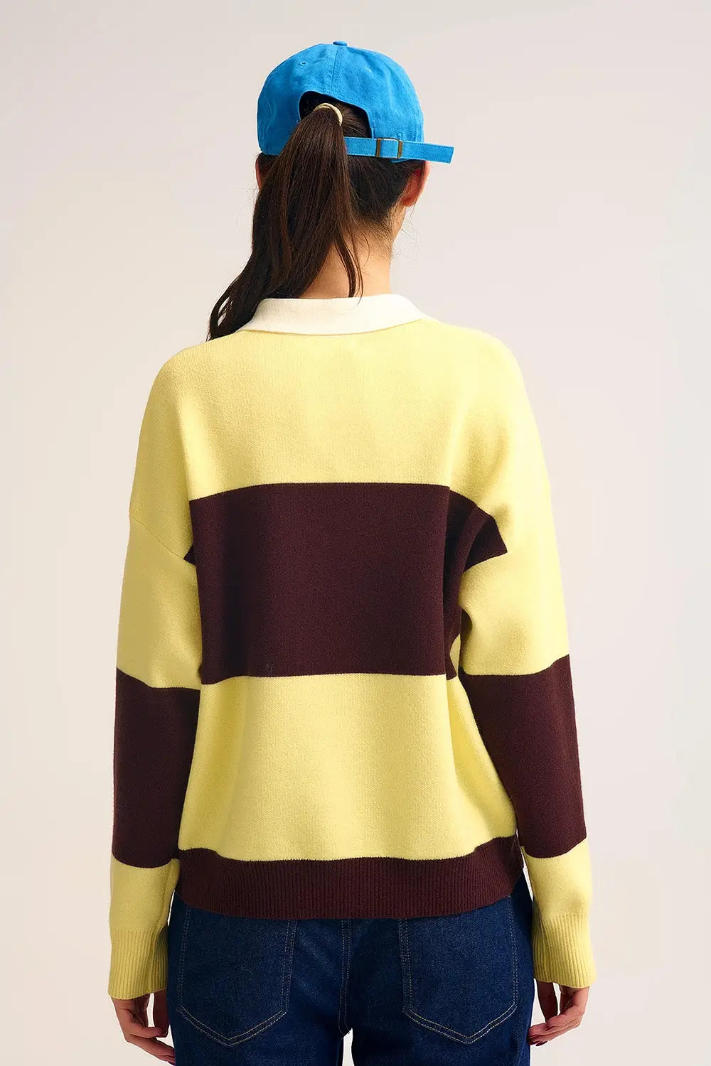 Yellow Knit Polo Sweater with Brown Stripes - One Size / Yellow - Sweaters