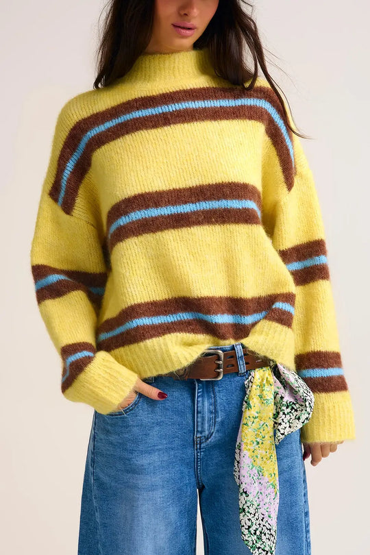 Yellow Knitted Sweater with Brown and Blue Stripes - One Size / Yellow - Sweaters