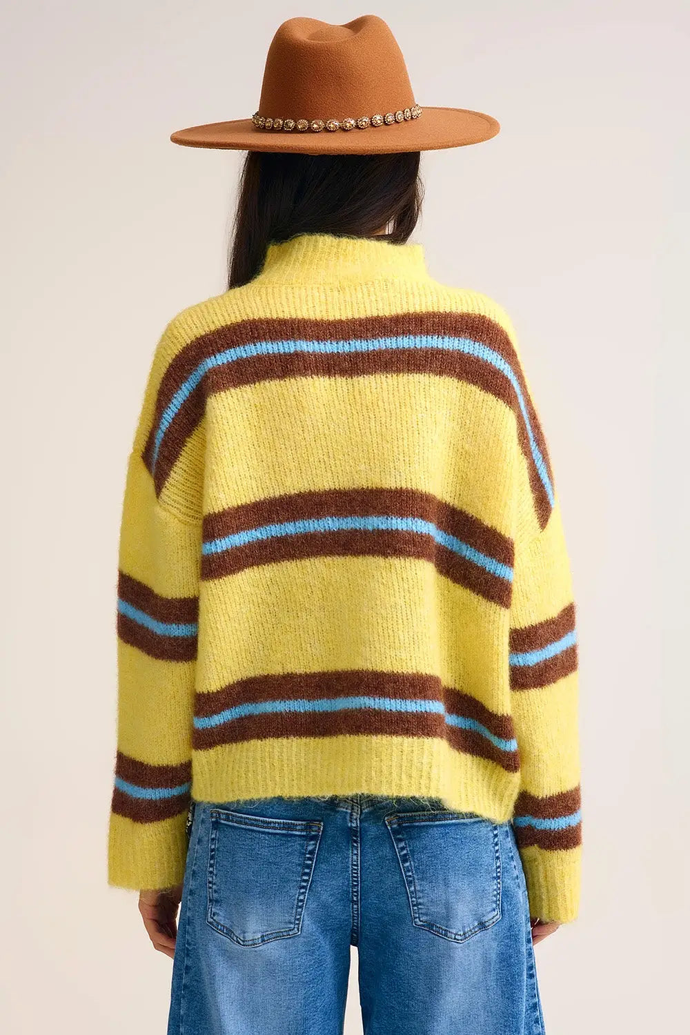 Yellow Knitted Sweater with Brown and Blue Stripes - One Size / Yellow - Sweaters