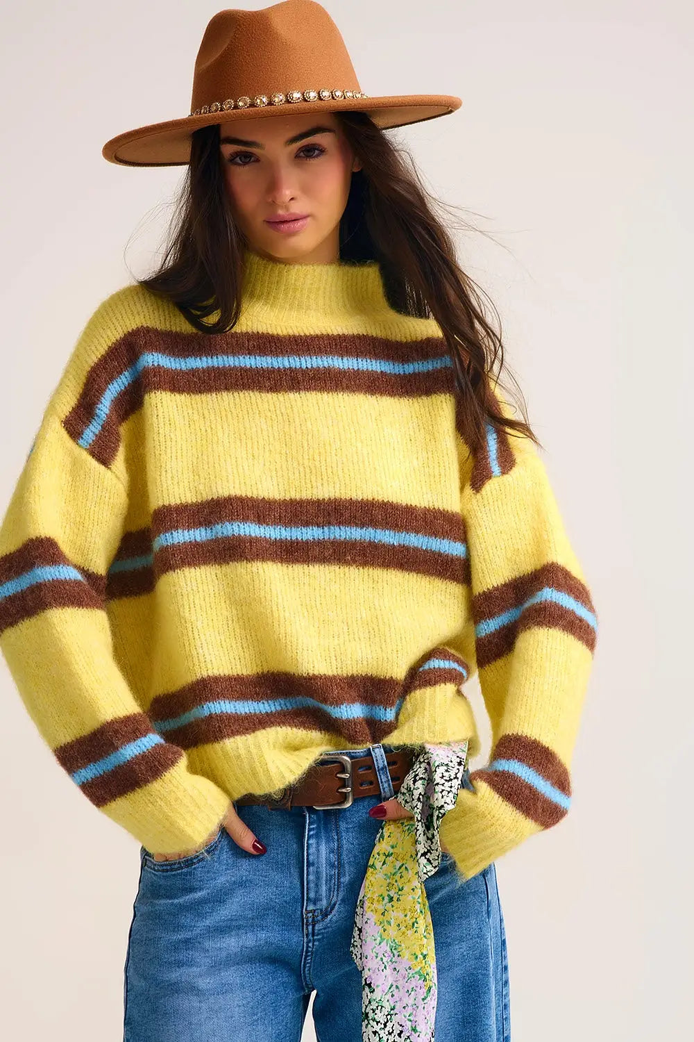 Q2 Yellow Knitted Sweater with Brown and Blue Stripes