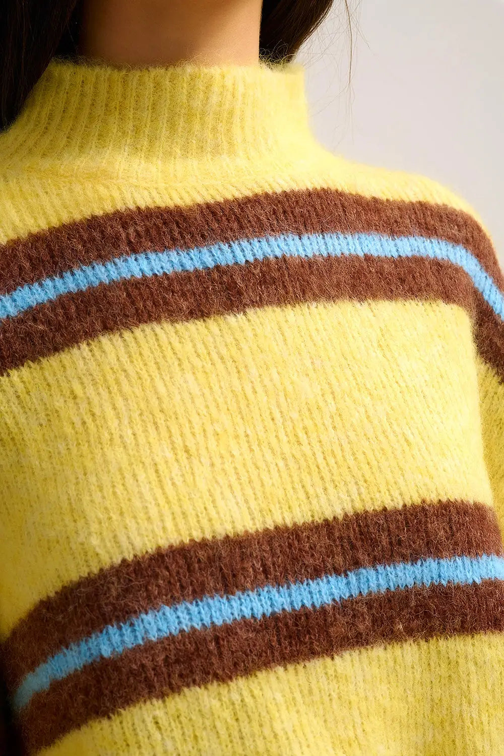 Yellow Knitted Sweater with Brown and Blue Stripes - One Size / Yellow - Sweaters