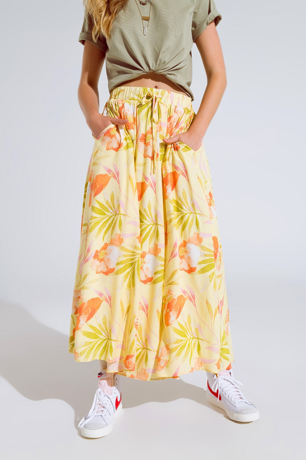 yellow maxi skirt with tropical print