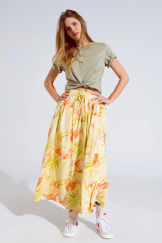 yellow maxi skirt with tropical print - Skirts