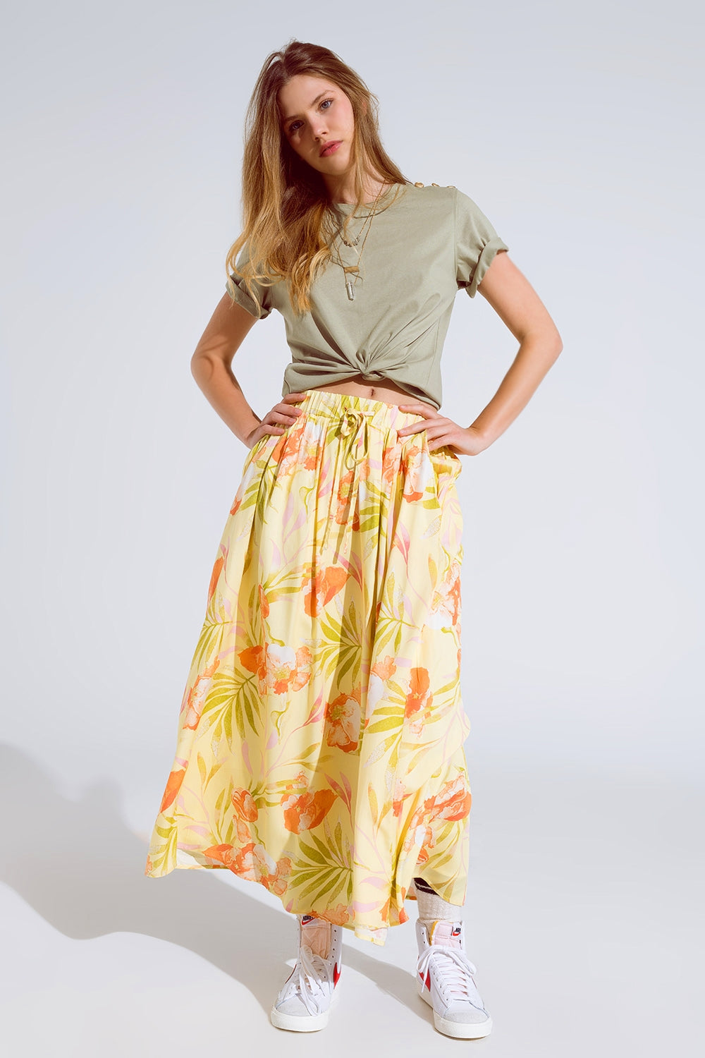 yellow maxi skirt with tropical print