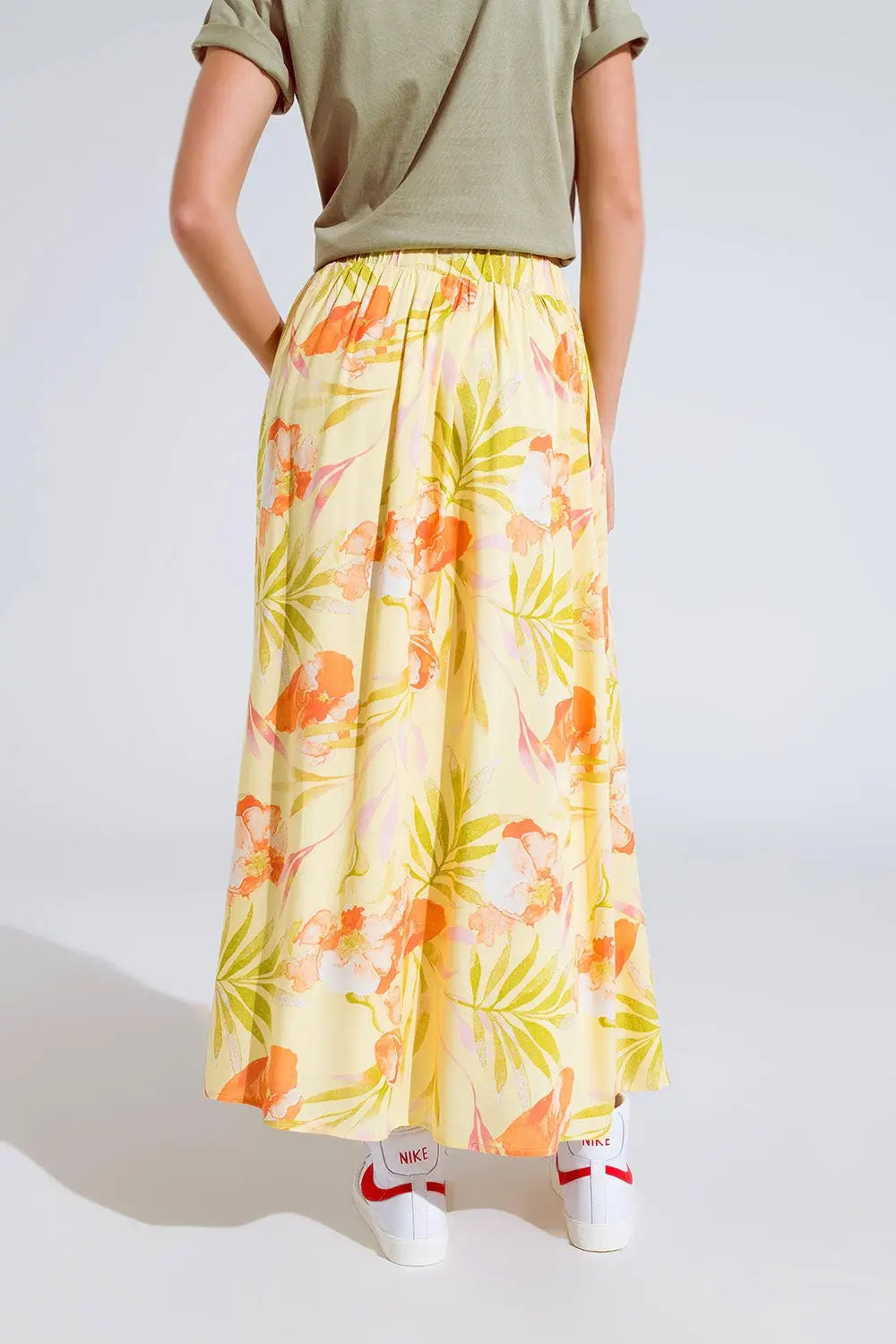 yellow maxi skirt with tropical print - Skirts